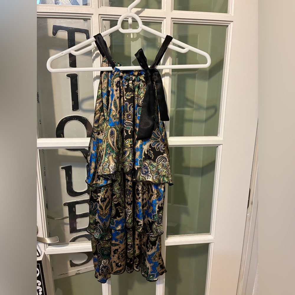 Perseption Paisley Halter Y2K layered ruffled tier top Black, Blue & Green Sz XL